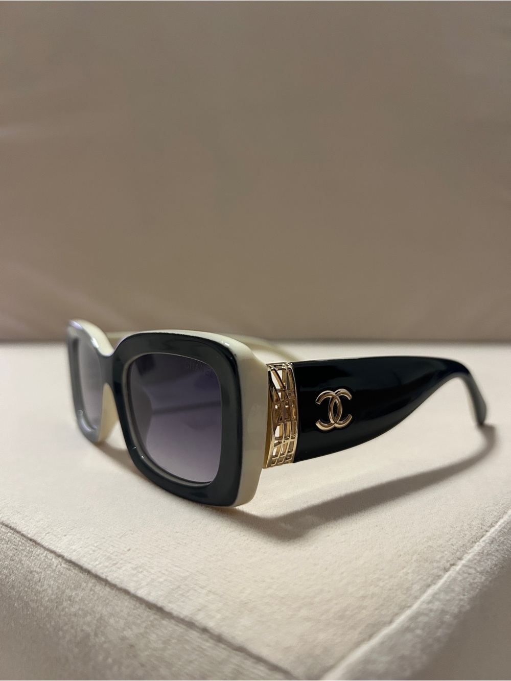 CHANEL Black & Cream Square Sunglasses with Gold CC Accent